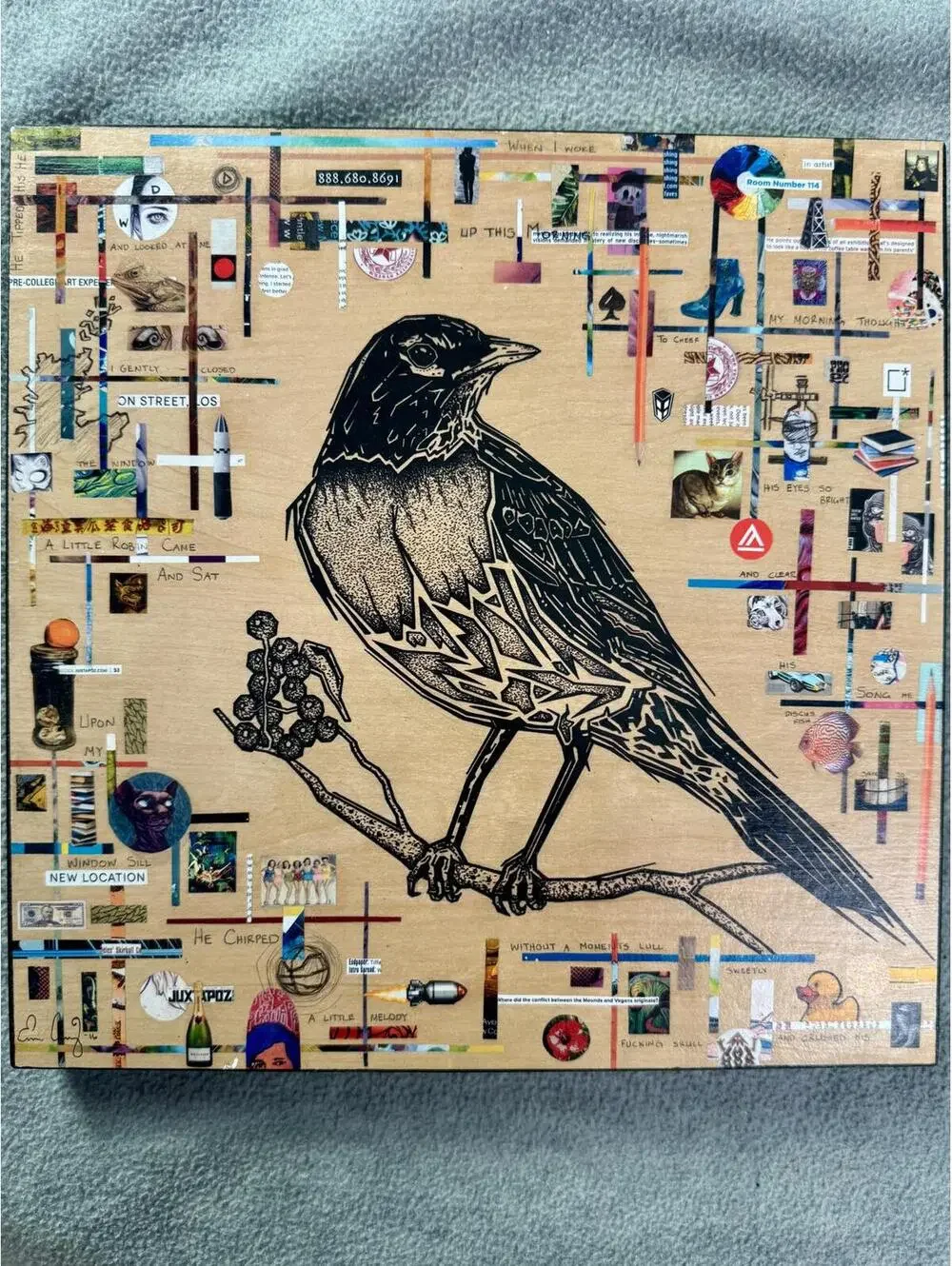ecurry art bird‎ collage wood panel signed grayson mixed media 10x10